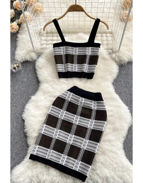 Women Two Piece Fashion Plaid Knitted Short Cami Tops and High Waist Elastic Skirts