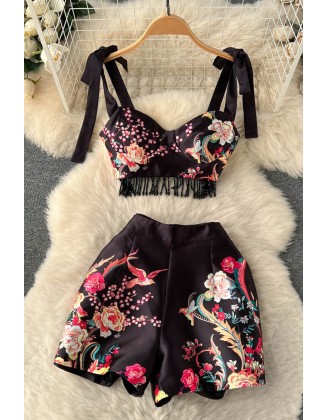 Embroidery Tassel Two Piece Sets Women Striped Camisole Zipper Mini Shorts Retro Court Floral Suits