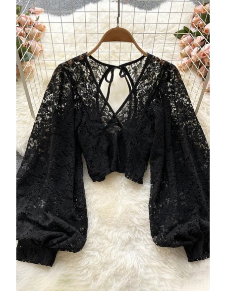 Backless Lace Shirt Hollow Out Transparent Short Blouse Women Elegant Crop Tops