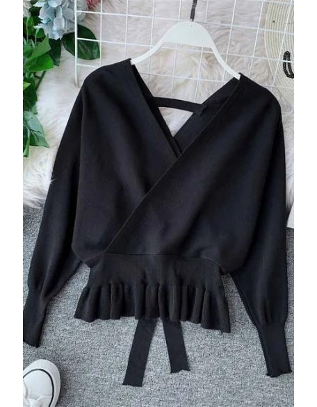 Elegant V Neck Ruffle Sweater Women Fashion Pullover Jumper Knitted Ladies Office Sweater