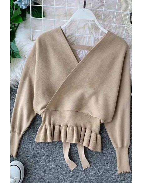 Elegant V Neck Ruffle Sweater Women Fashion Pullover Jumper Knitted Ladies Office Sweater