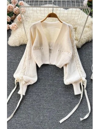 Women Fashion Lantern Sleeve Lace-up Knit Sweater Tops