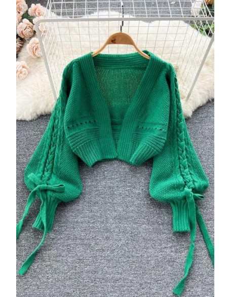 Women Fashion Lantern Sleeve Lace-up Knit Sweater Tops