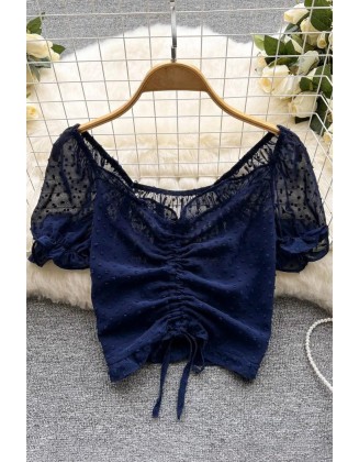 Fashion See Through Breathable Tops Chic Drawstring Ruched Short Women Blouses