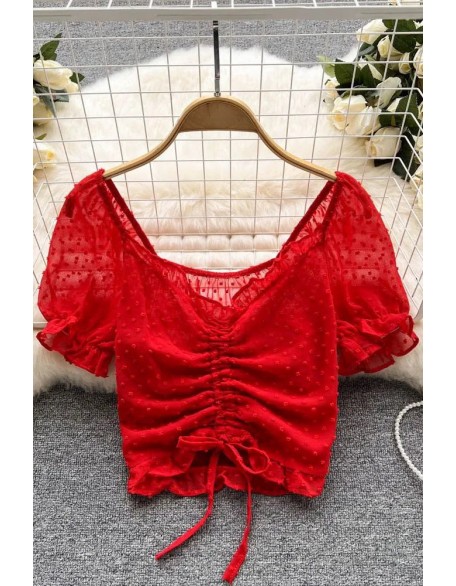 Fashion See Through Breathable Tops Chic Drawstring Ruched Short Women Blouses