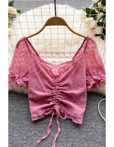 Fashion See Through Breathable Tops Chic Drawstring Ruched Short Women Blouses