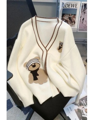 Fashion Cartoon Embroidery Cardigans Sweaters Women All Match Female Knitwear Coat