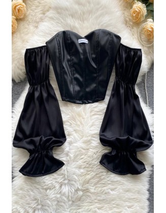 Fashion Leather Patchwork Off Shoulder Crop Tops Women Long Sleeve Sexy Slash Neck Blouses Ladies Tops