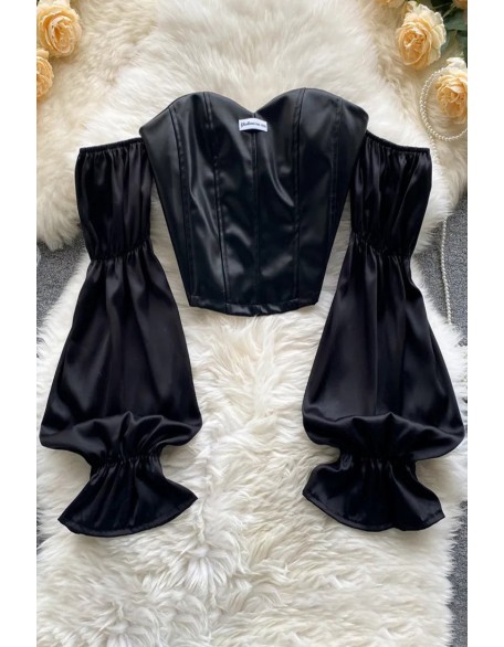 Fashion Leather Patchwork Off Shoulder Crop Tops Women Long Sleeve Sexy Slash Neck Blouses Ladies Tops