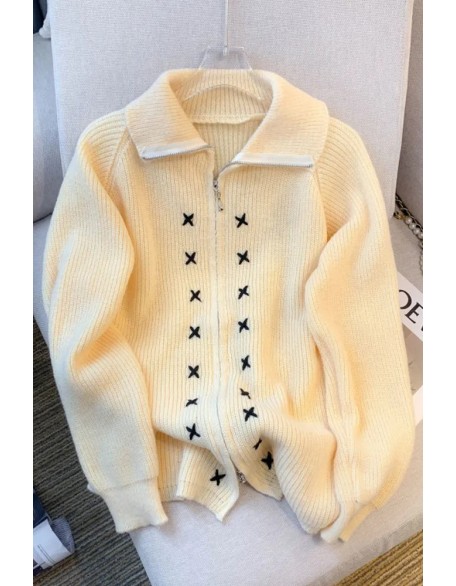 Women Cardigans Fashion Turn-down Collar Long Sleeve Zipper Knitwear Coat Casual Fitted Female Sweaters