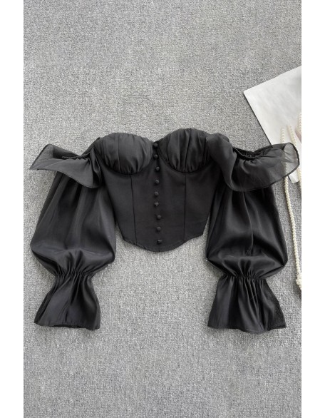 Off Shoulder Tops Women Long Sleeves Solid Zipper Elastic Waist Tops Fashion Ruffle Short Sexy Shirts