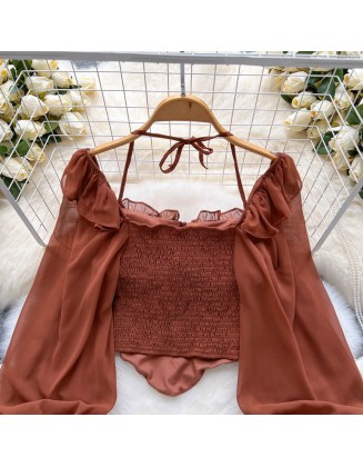 Flare Sleeve Women Tops Ruffle Solid Elastic Waist Halter Backless Chiffon Slim Ladies Harajuku Sexy Short Blouse