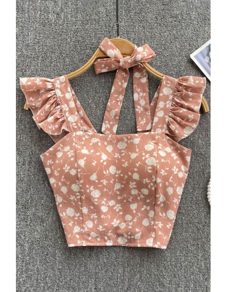 Floral Strap Tops Women Square Neck Bow Ruffles Short Camisole Fashion Flower Ladies Elastic Waist Top