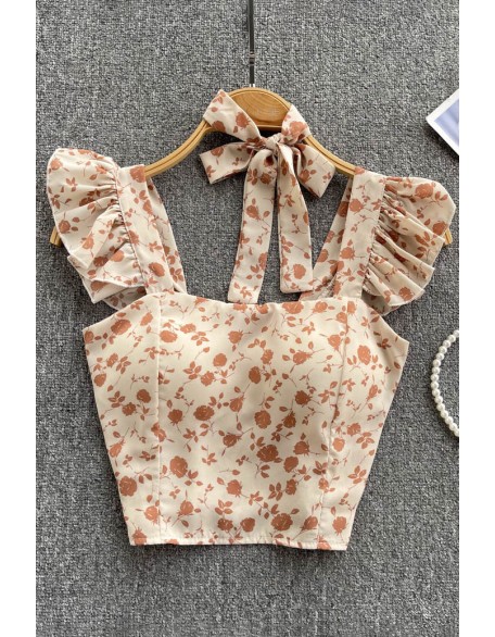 Floral Strap Tops Women Square Neck Bow Ruffles Short Camisole Fashion Flower Ladies Elastic Waist Top