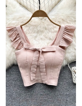 Ruffled Women Square Neck Sleeveless Bow Elastic Waist Strap Top Ladies Sweet Short Tank Top