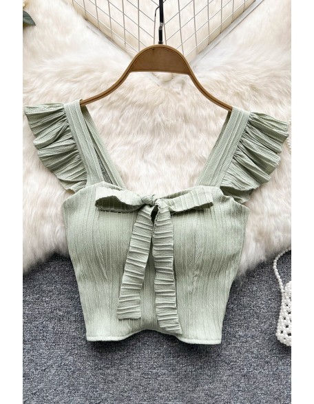 Ruffled Women Square Neck Sleeveless Bow Elastic Waist Strap Top Ladies Sweet Short Tank Top