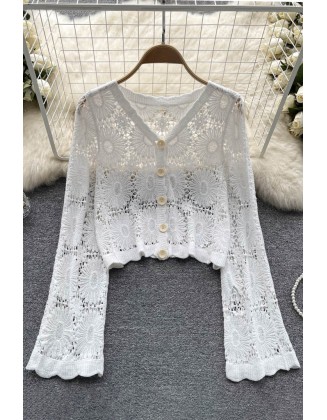 Sunscreen Floral Cardigans Women V Neck Long Sleeves Loose Knitted Top Fashion Beach Vacation Blouse