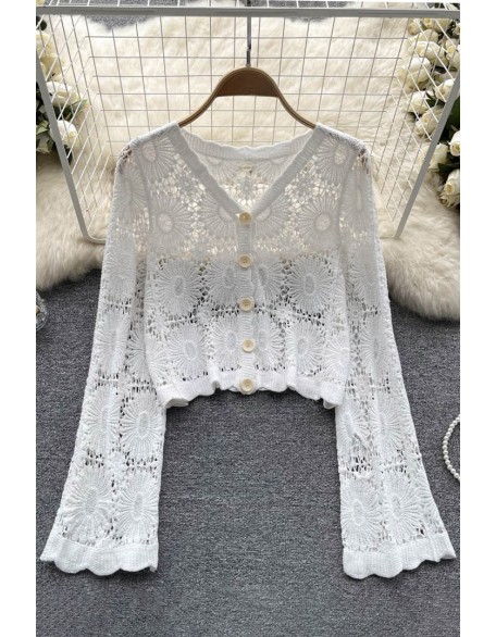 Sunscreen Floral Cardigans Women V Neck Long Sleeves Loose Knitted Top Fashion Beach Vacation Blouse