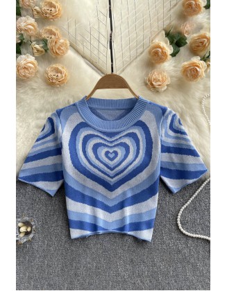 Women Short Sleeves Knitted Tops O Neck Elastic Waist Short T Shirt Style Heart Print Knit Blouse