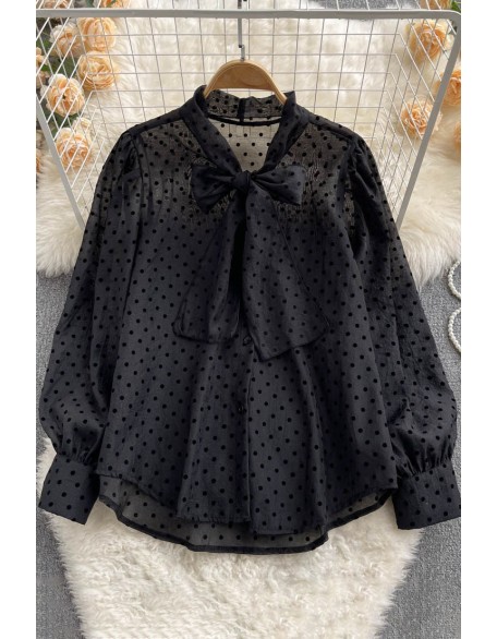 Polka Dot Blouse Women Sweet Bow Collar Long Sleeve Lady Tops Elegant Chiffon Shirts