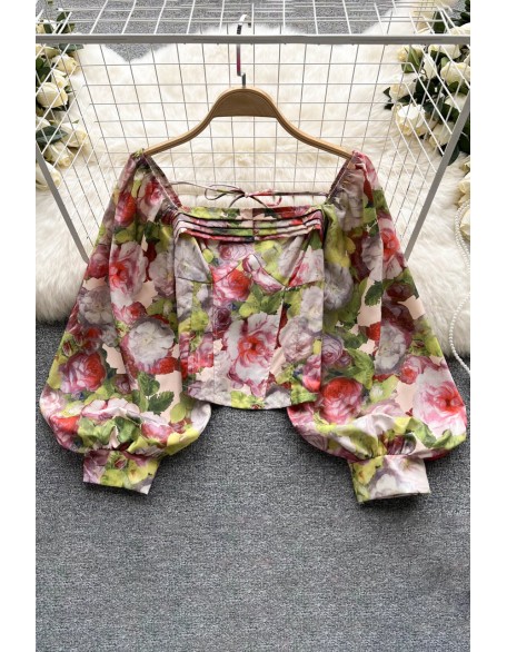 Fashion Floral Print Blouse Women Square Neck Long Lantern Sleeves Design Chic Top Ladies Beach Vintage Blouse