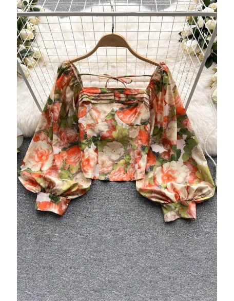 Fashion Floral Print Blouse Women Square Neck Long Lantern Sleeves Design Chic Top Ladies Beach Vintage Blouse