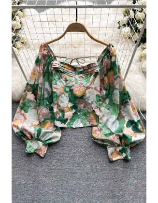 Fashion Floral Print Blouse Women Square Neck Long Lantern Sleeves Design Chic Top Ladies Beach Vintage Blouse