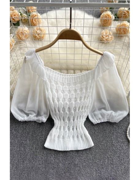 Knitted Spliced Short Blouse Square Collar Ruff Sleeve SheachTop Ladies Elastic Waist Gentle Top