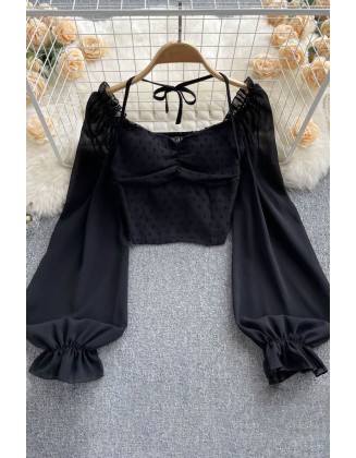 Chiffon Ruffled Blouse Women Vacation Lantern Sleeves Elastic Square Neck Ruched Ladies Slim Short Tops