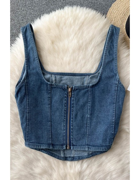 Denim Design Women Camisole Square Neck Zipper High Street Fashion Ladies Tank Top