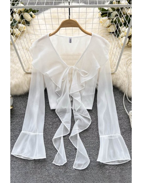 Ruffled Chiffon Blouse Women Flare Sleeve Transparent Fashion Ladies Sunscreen Shirt