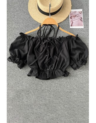 Chiffon Casual Blouse Women Elastic Waist Ruffled Off Shoulder Ladies Fashion Short Tops