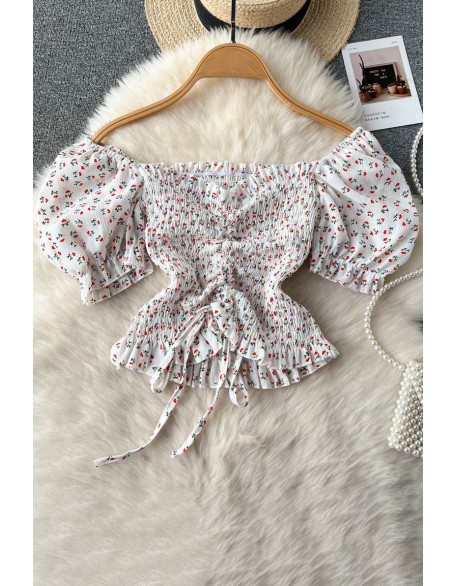 Floral Print Crop Tops Women Slash Neck Off Shoulder Ruffled Elastic Waist Ladies Sweet Slim Fashion Blouse